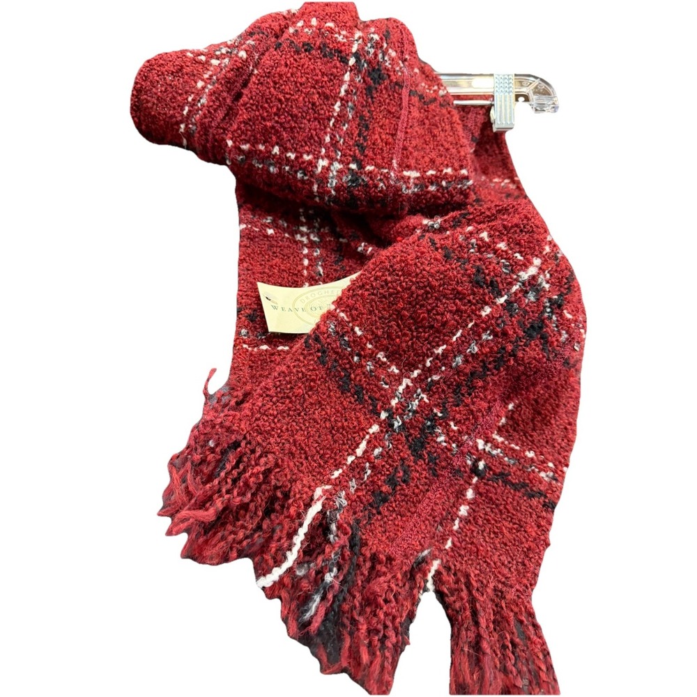 Weave of the Irish NWT Scarf Red Black Plaid‎ Wool Blend Boucle Handmade Ireland